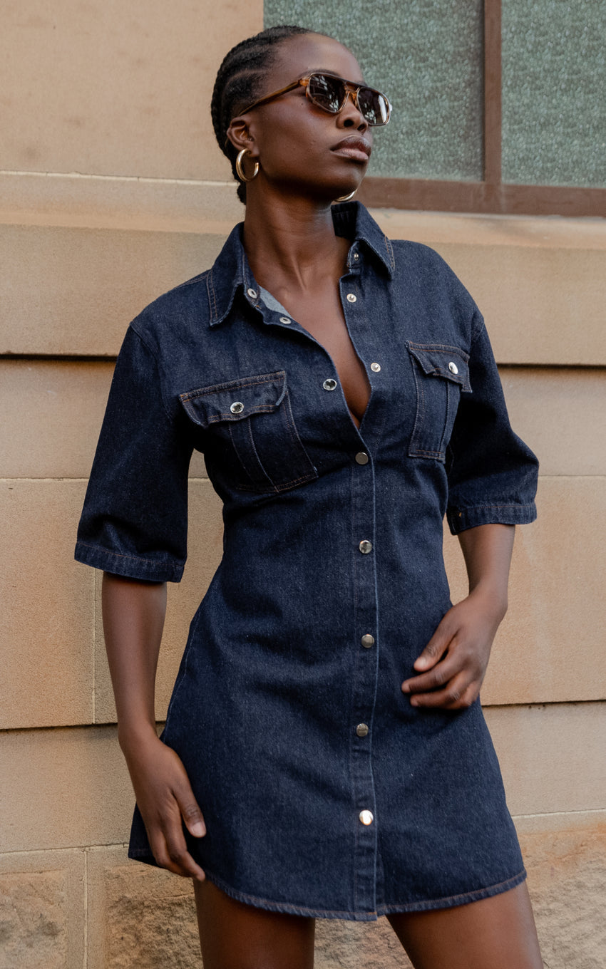 Leilani Mini Dress - Denim Short Sleeve Button Up Dress with Gold Hardware in Indigo Denim