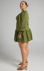Carlyle Mini Dress - Long Sleeve Corset Dress in Khaki