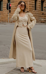 Beverly Two Piece Set - Recycled Knitted Scoop Neck Cardigan Top and Column Maxi Skirt Set in Oat Marle