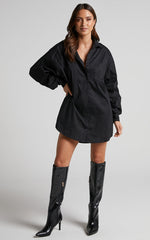 Janaya Mini Dress - Long Sleeve Shirt Dress in Black