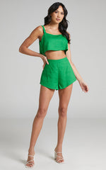 Zanrie Two Piece Set - Linen Square Neck Crop Top and High Waist Mini Flare Shorts Set in Kelly Green Linen Look
