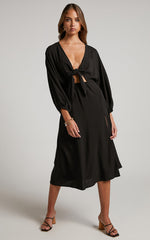Tyricia Midi Dress - Long Sleeve Tie Front Cut Out Dress in Black