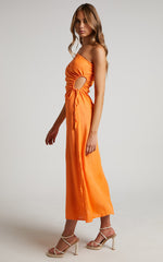 Victoria Midi Dress - Linen One Shoulder Puff Sleeve Cut Out Dress in Orange