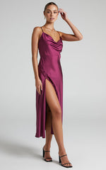Flordeliza Midi Dress - Cowl Neck Thigh Slit Slip Dress in Magenta