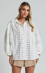 Amalie The Label - Julessa Linen Blend Puff Sleeve Lace Detail Blouse in White
