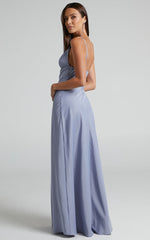 Cariela Maxi Dress - Plunge Neck Satin Dress in Pale Blue