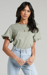 Closer To Home Tee - Ruffle Sleeve Tee in Sage