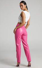 Dilyene Pants - Mid Waist Straight Leg Faux Leather Pants in Hot Pink