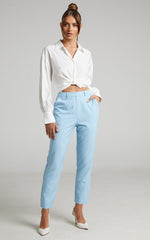 Hermie Pants - High Waisted Cropped Tailored Pants in Light Blue