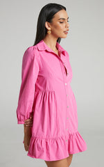 Maulee Mini Dress - Frill Hem Shirt Dress in Pink