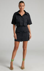 Navine Two Piece Set - Button Front Crop Top and Cargo Pocket Mini Skirt Set in Black