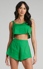 Zanrie Two Piece Set - Linen Square Neck Crop Top and High Waist Mini Flare Shorts Set in Kelly Green Linen Look