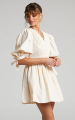 Zandra Mini Dress - Puff Sleeve Poplin Dress in Beige