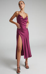 Flordeliza Midi Dress - Cowl Neck Thigh Slit Slip Dress in Magenta