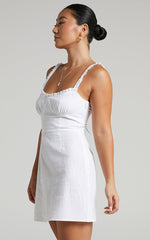 Jacqueline Mini Dress - Ruched Bust Frill Detail A Line Dress in White