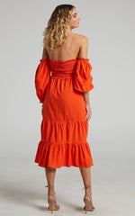 Nikka Midi Linen Blend Dress - Shirred Off Shoulder Puff Sleeve Dress in Oxy Fire