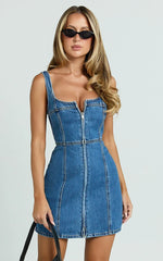 Chrysoula Mini Dress - Square Neck Zip Front Sleeveless Bodycon Denim in Mid Blue Wash