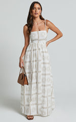 Abbey Maxi Linen Blend Dress - Strappy Straight Neck A Line Dress in White & Brown Sun Print