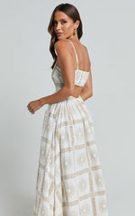 Abbey Maxi Linen Blend Dress - Strappy Straight Neck A Line Dress in White & Brown Sun Print