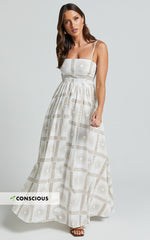 Abbey Maxi Linen Blend Dress - Strappy Straight Neck A Line Dress in White & Brown Sun Print