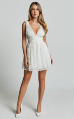 Abigal Mini Dress -Plunge Tie Back Sequin Embroidery Dress in Ivory