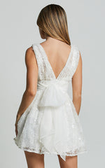 Abigal Mini Dress -Plunge Tie Back Sequin Embroidery Dress in Ivory