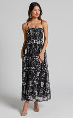 Adeje Maxi Dress -Aline Embroidered Tulle Dress in Black and Purple Floral