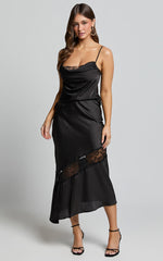 Adele Cami - Cowl Neck Satin Top With Lace Detail in Black