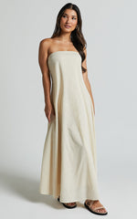 Adessa Maxi Linen Blend Dress - Strapless A Line Dress in Beige