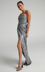 Adrie Midi Dress - Strapless Corset Bodice Dress in Gunmetal