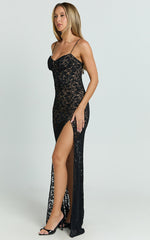 Aerilyn Maxi Dress - Lace Corset Front Fitted Dress in Black