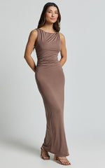 Aisha Maxi Dress - Sleeveless Twist Strap Bodycon Dress in Chocolate