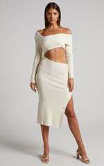Alabama Midi Dress - Off One Shoulder Asymmetric Long Sleeve Knit Dress in Beige