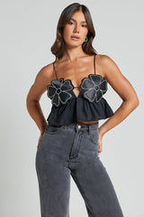 Alberta Top - Rhinestone Flower Detail Babydoll Crop in Black