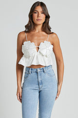 Alberta Top - Rhinestone Flower Detail Babydoll Crop in White