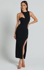 Alexis Midi Dress - Cut Out Detail High Split Dress in Black