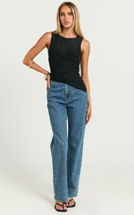 Alexis Top - Boat Neck Ruched Asymmetric Mesh Top in Black