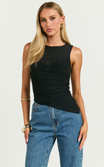 Alexis Top - Boat Neck Ruched Asymmetric Mesh Top in Black