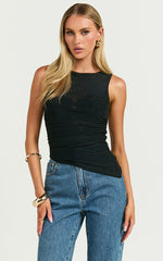 Alexis Top - Boat Neck Ruched Asymmetric Mesh Top in Black