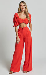 Aleydise Two Piece Set - Linen Puff Sleeve Gathered Crop Top and Pants Set in Burnt Orange