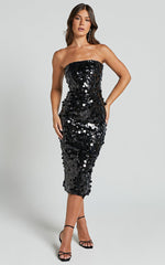 Aliona Midi Dress - Strapless Bodycon Sequin Dress in Black