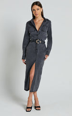 Alison Midi Dress - Long Sleeve Front Split Denim Dress in Washed Black