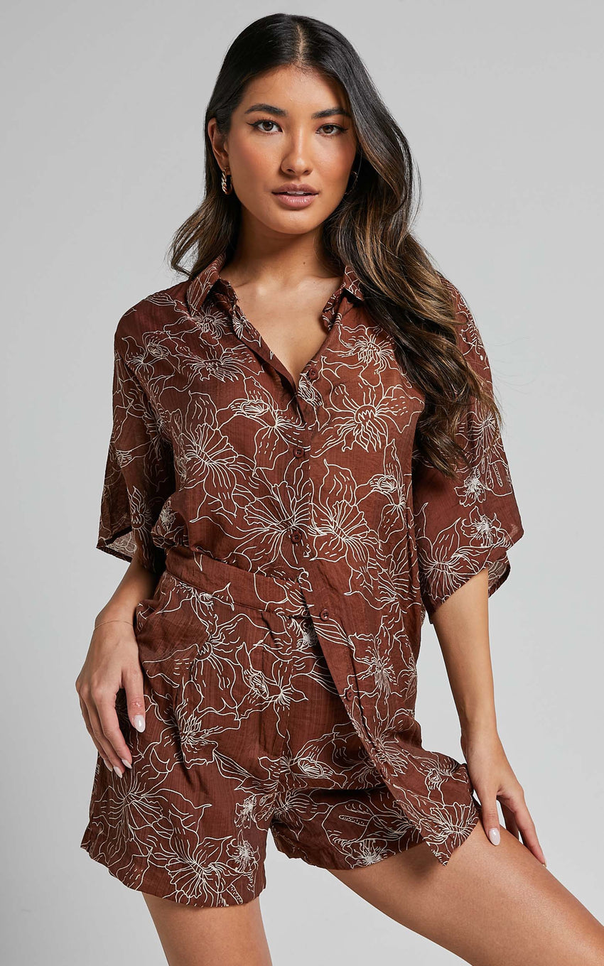 Alofi Top - Collared Button Through Short Sleeve Blouse in Brown Floral