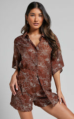 Alofi Top - Collared Button Through Short Sleeve Blouse in Brown Floral