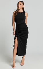 Alona Midi Dress - Sleeveless Bodycon Thigh Split Dress in Black