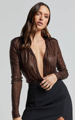 Alora Bodysuit - Sequin Wrap Front Long Sleeve Bodysuit in Chocolate