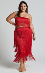 Amalee Two Piece Set - Fringe Strapless Crop Top and Midi Skirt Set in Red