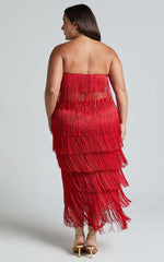 Amalee Two Piece Set - Fringe Strapless Crop Top and Midi Skirt Set in Red