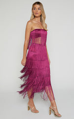 Amalee Two Piece Set - Fringe Strapless Crop Top and Midi Skirt Set in Mulberry