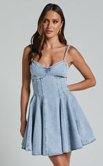 Amalie The Label - Caraline Recycled Cotton A Line Mini Dress in Light Blue Wash
